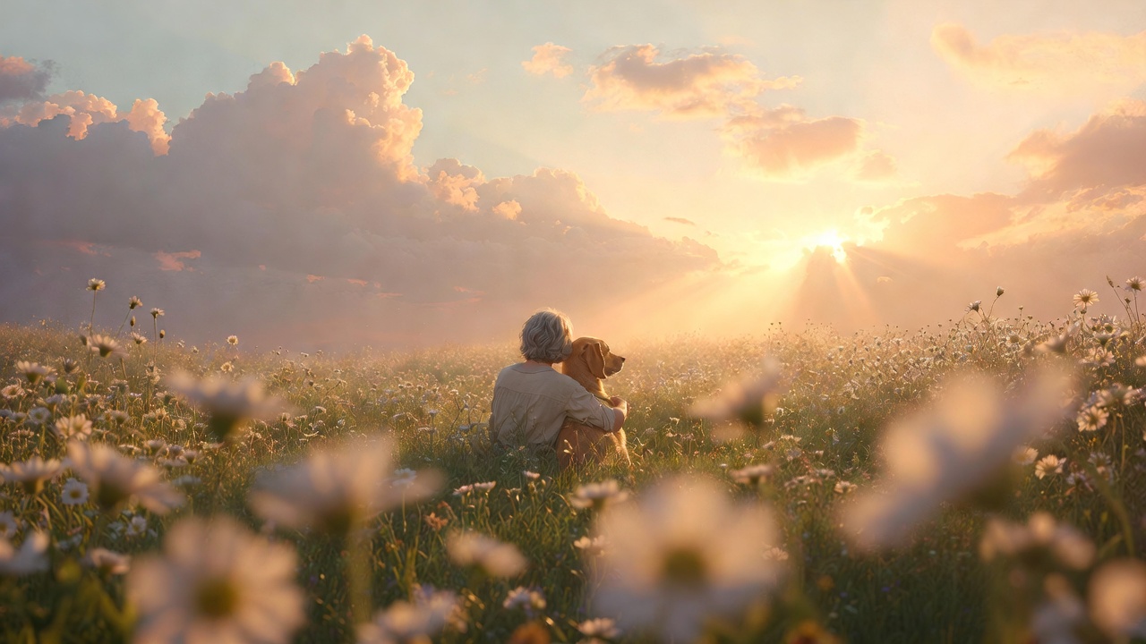 Eine ältere Frau sitzt im Abendlicht mit ihrem Hund in einer Blumenwiese und hält ihn im Arm